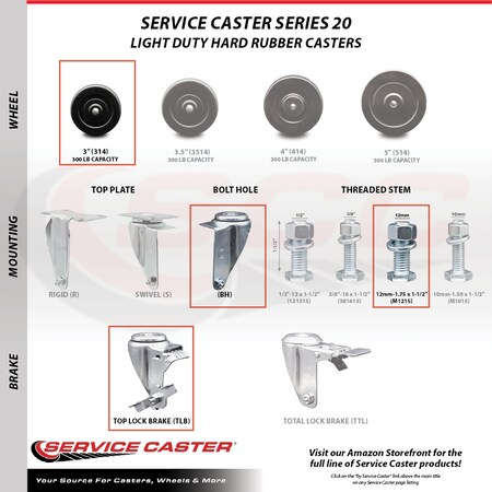Service Caster 3 Inch SS Hard Rubber Wheel Swivel 12mm Threaded Stem Caster with Brake SCC SCC-SSTS20S314-HRS-TLB-M1215